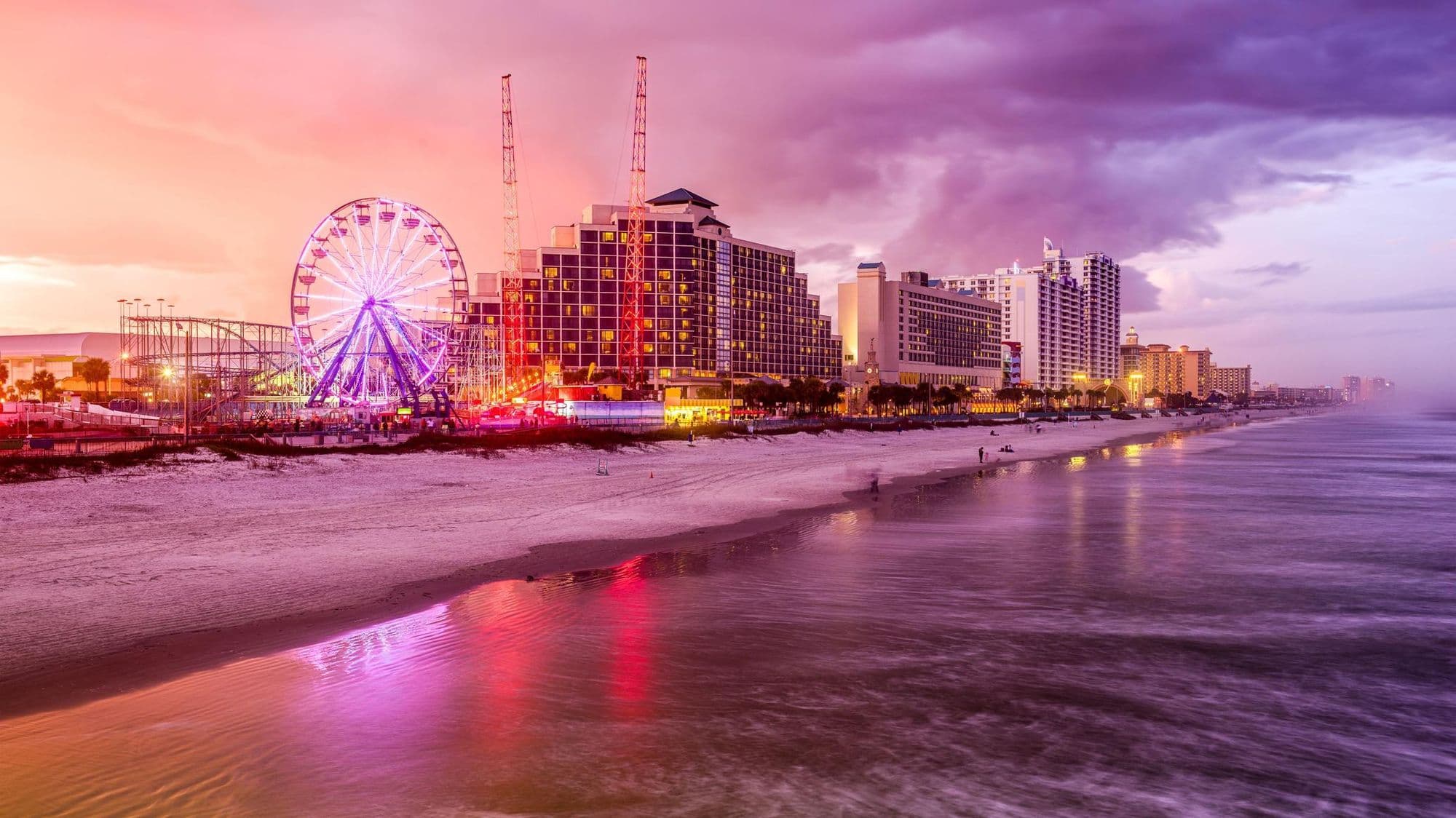 Daytona Beach oceanfront and boardwalk at sunset