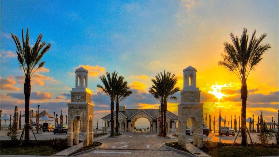 The Ormond Beach oceanfront entrance monument at sunrise