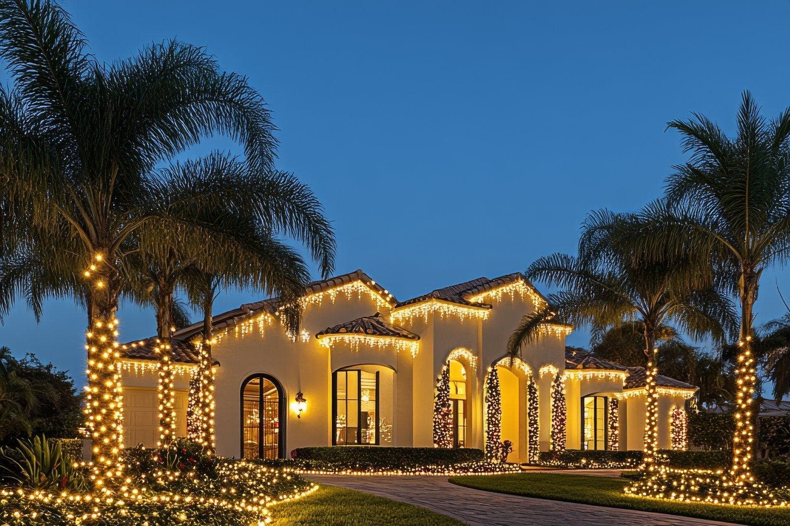 Warm white roofline lighting and wrapped palms on a Mediterranean-style home at dusk