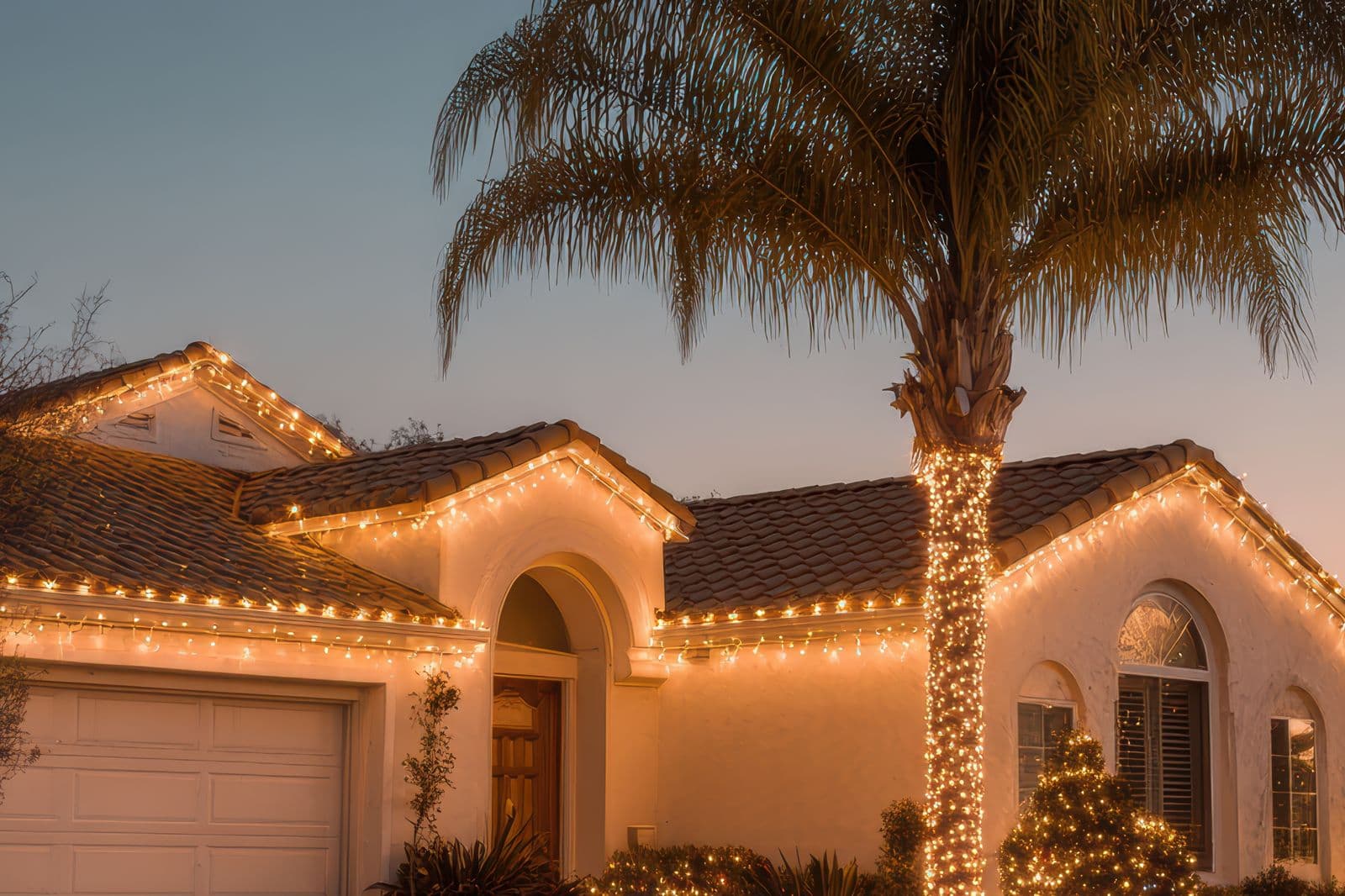 Warm white lighting along the tile roofline of a single-story stucco home with a wrapped palm